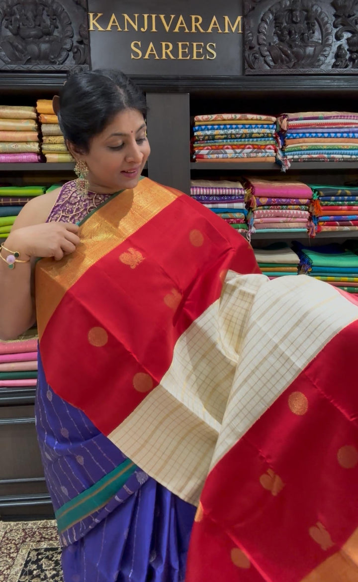 3 Gram Pure Zari Ivory-Blood Red Pure Kanjivaram Silk Saree with Zari Buttas-Checks and Zari Border | SILK MARK CERTIFIED