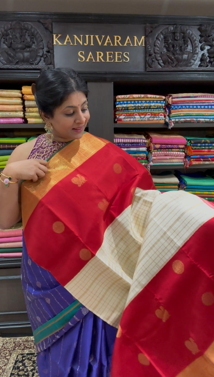 3 Gram Pure Zari Ivory-Blood Red Pure Kanjivaram Silk Saree with Zari Buttas-Checks and Zari Border | SILK MARK CERTIFIED