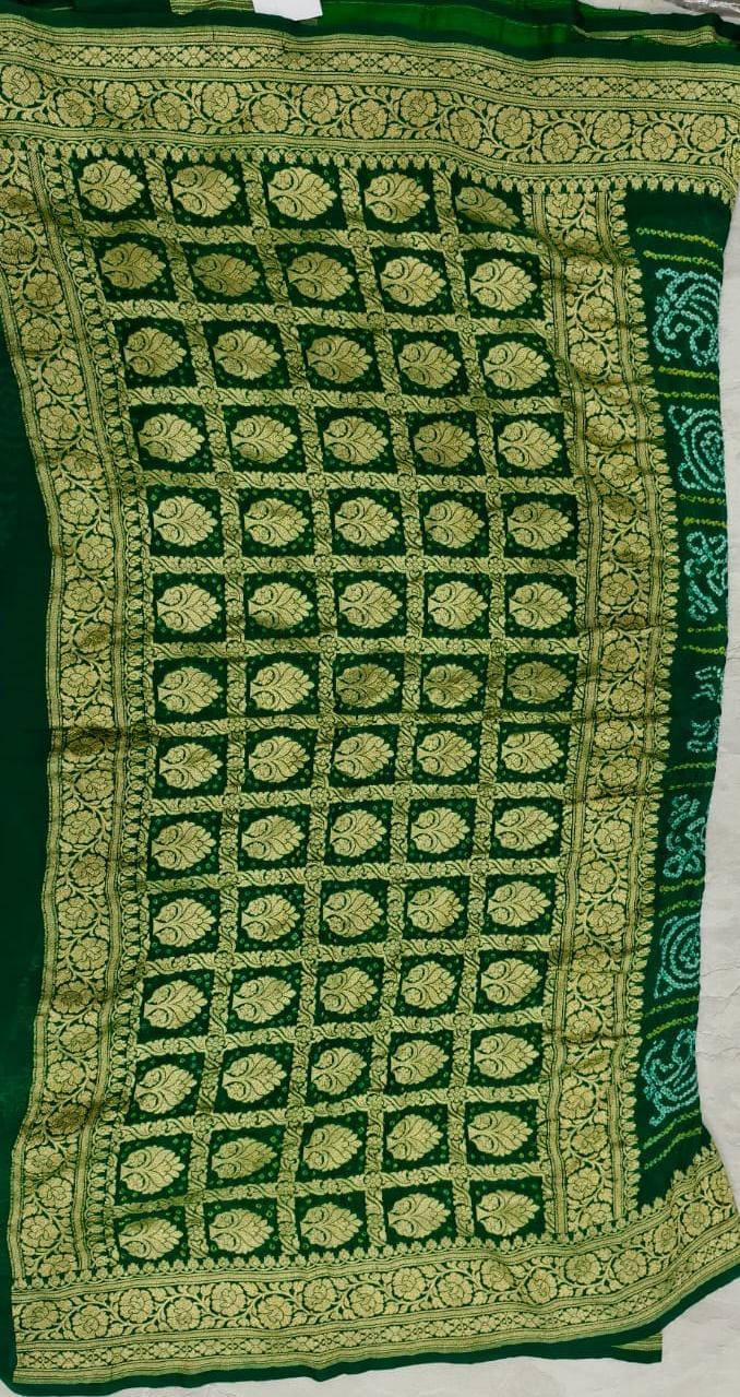 Green Sarkam Bandhej on Pure Banarasi Silk Georgette Saree with Half Gharchola and Half Jaal Design | SILK MARK CERTIFIED