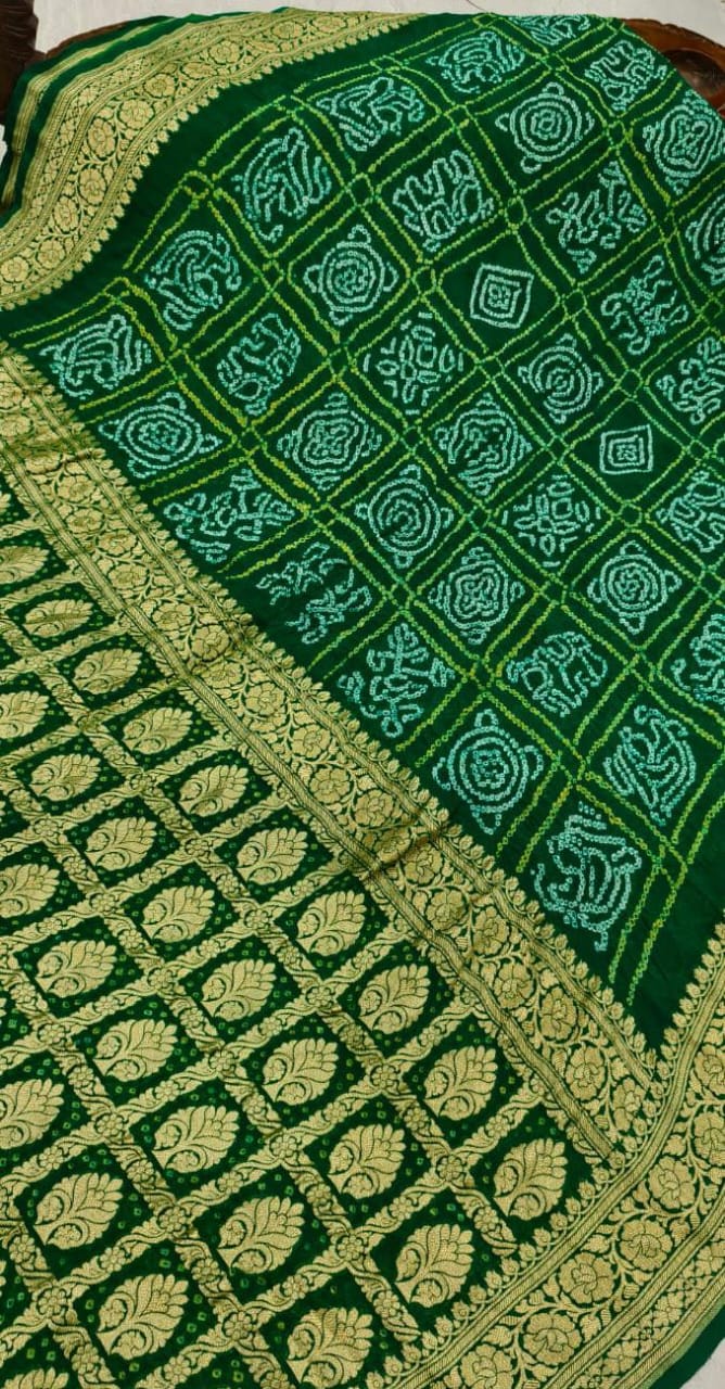 Green Sarkam Bandhej on Pure Banarasi Silk Georgette Saree with Half Gharchola and Half Jaal Design | SILK MARK CERTIFIED