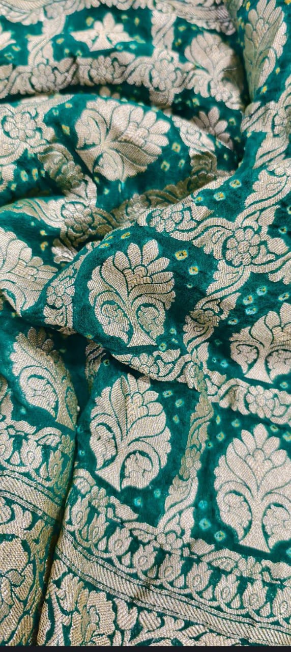 Green Sarkam Bandhej on Pure Banarasi Silk Georgette Saree with Half Gharchola and Half Jaal Design | SILK MARK CERTIFIED