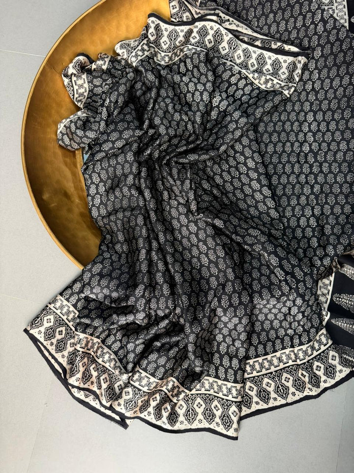 Black and White Authentic Ajrakh Hand Block Print on Modal Silk Saree | SHOBITAM
