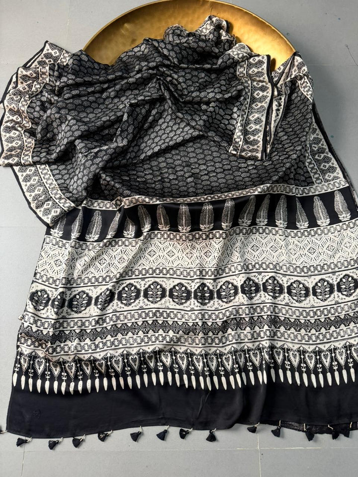 Black and White Authentic Ajrakh Hand Block Print on Modal Silk Saree | SHOBITAM