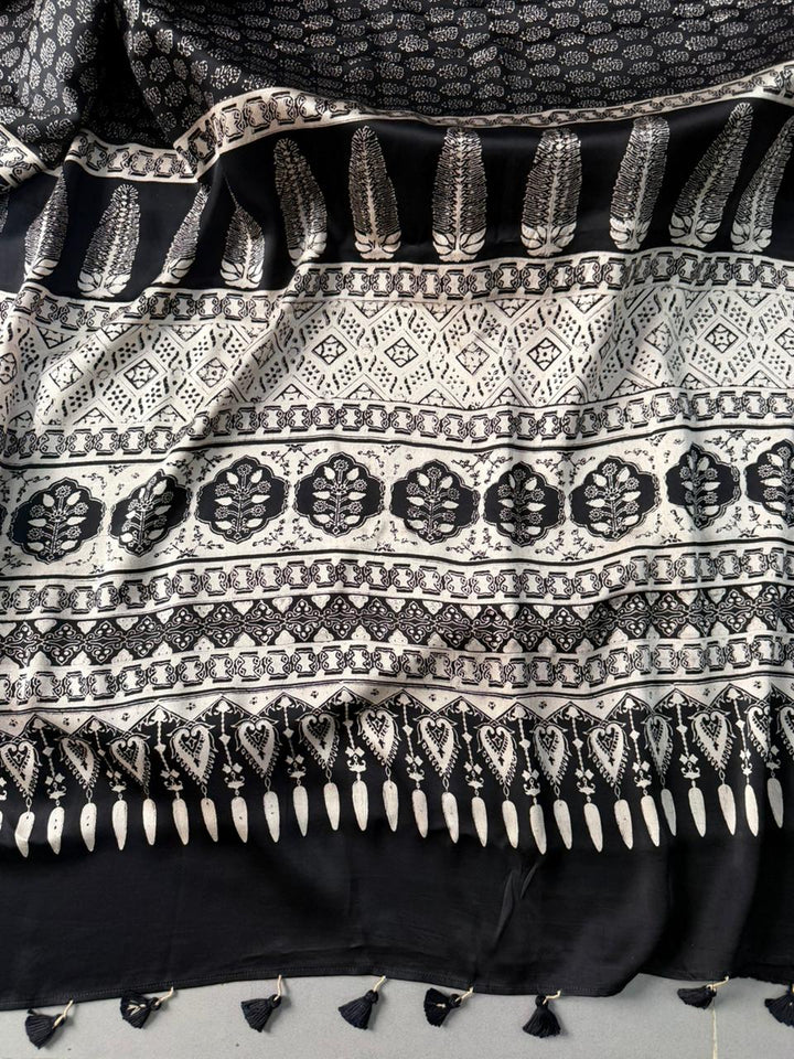 Black and White Authentic Ajrakh Hand Block Print on Modal Silk Saree | SHOBITAM