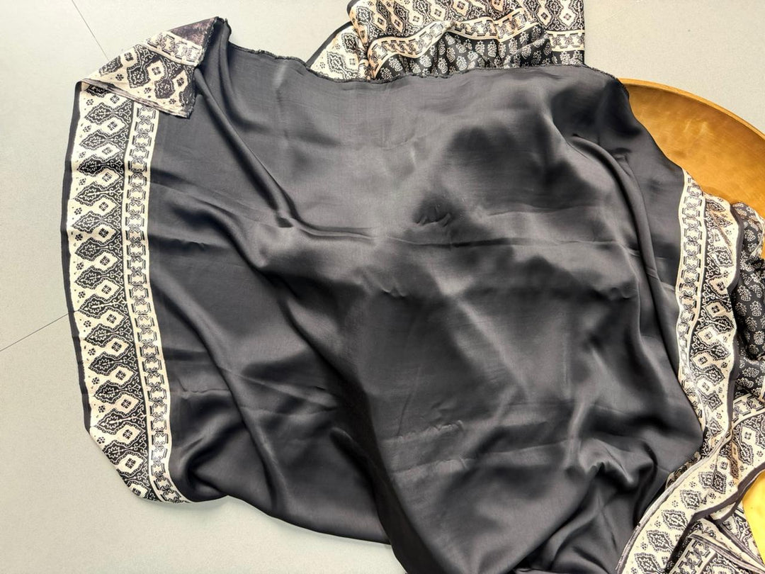Black and White Authentic Ajrakh Hand Block Print on Modal Silk Saree | SHOBITAM
