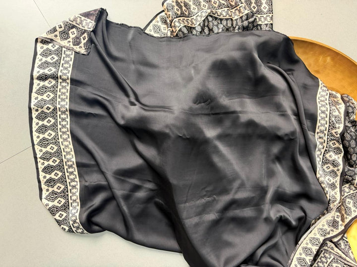 Black and White Authentic Ajrakh Hand Block Print on Modal Silk Saree | SHOBITAM