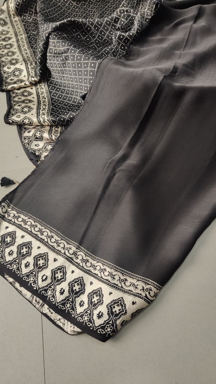 Statement Black and White Authentic Ajrakh  Hand Block Print on Modal Silk Saree | SHOBITAM