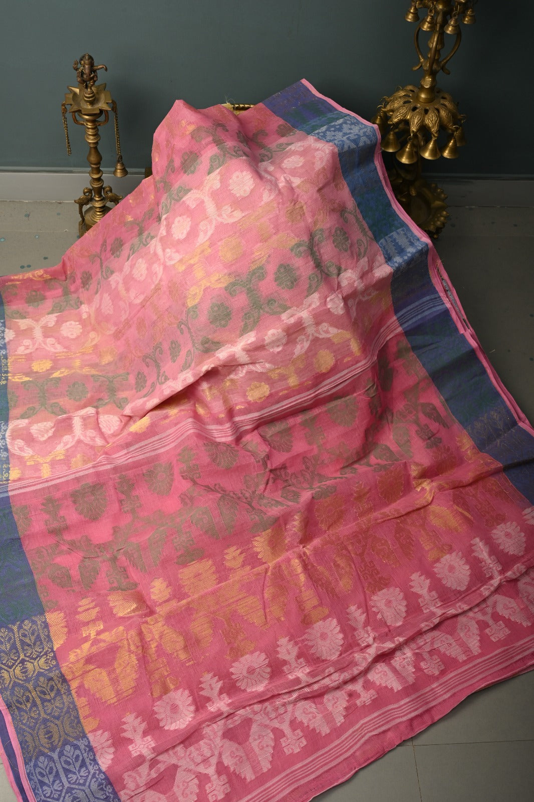 Bubblegum Pink Mercerized Cotton Saree with Meenakari Jamdani Style Design and Border  | SHOBITAM