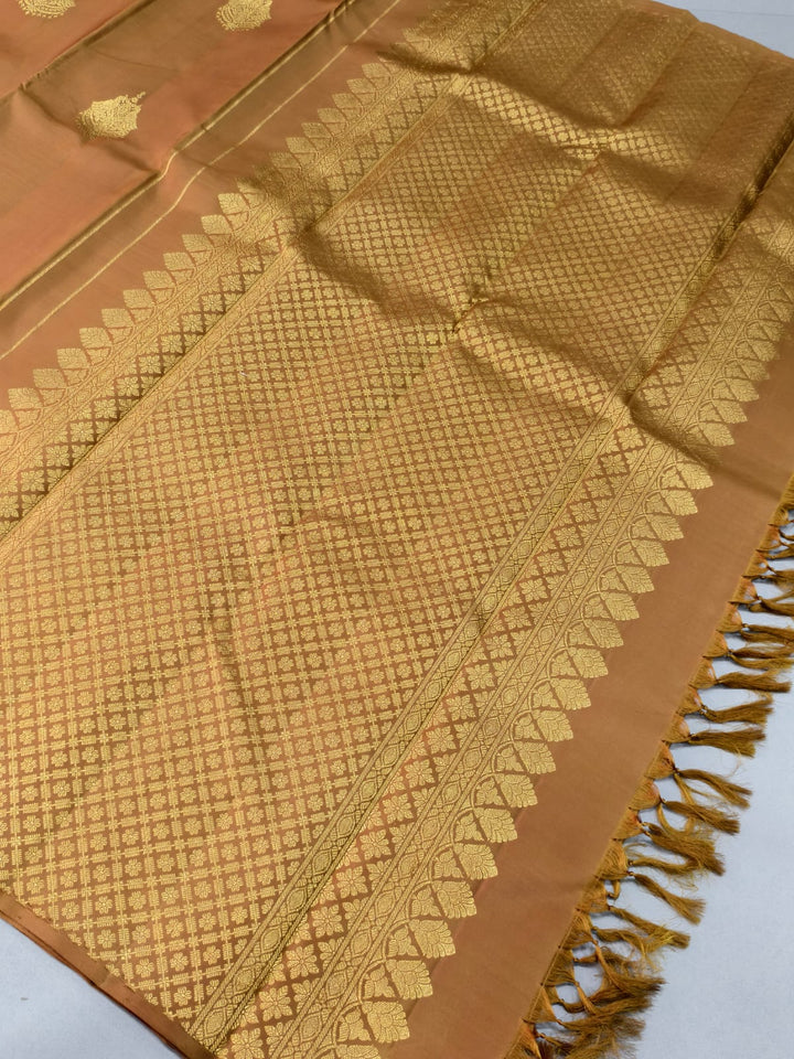 Mud Brown Borderless Kanjivaram Pure  Silk Saree with Two Birds Zari Buttas and Rich Pallu | SILK MARK CERTIFIED | SHOBITAM