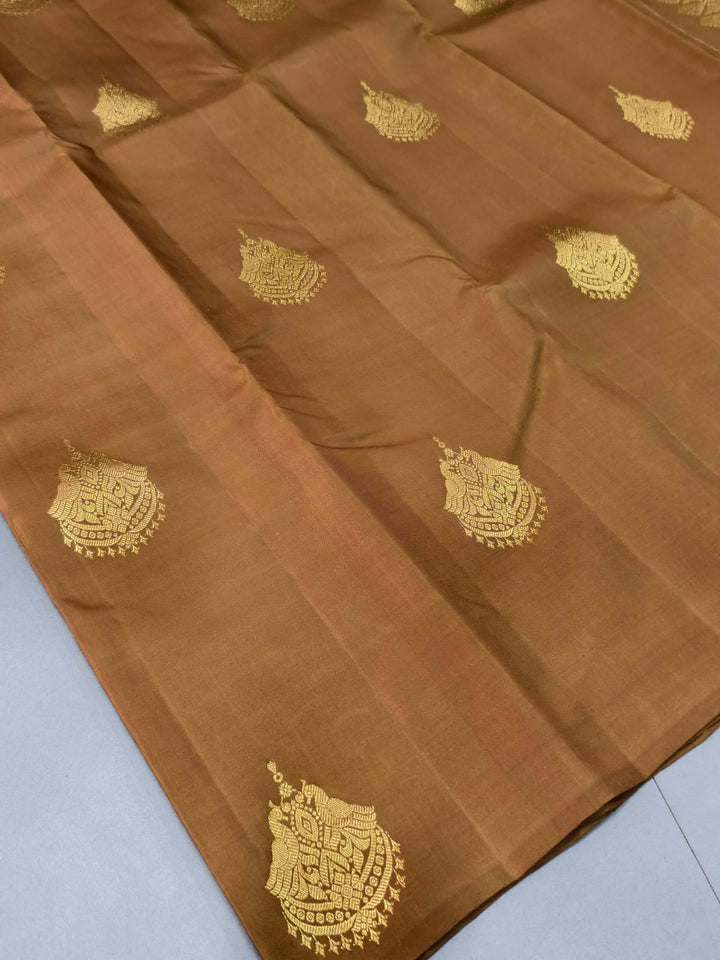 Mud Brown Borderless Kanjivaram Pure  Silk Saree with Two Birds Zari Buttas and Rich Pallu | SILK MARK CERTIFIED | SHOBITAM
