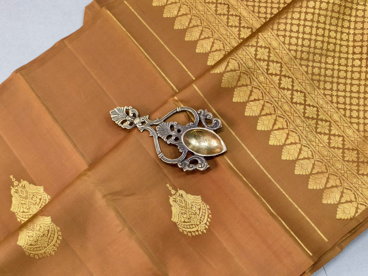 Mud Brown Borderless Kanjivaram Pure  Silk Saree with Two Birds Zari Buttas and Rich Pallu | SILK MARK CERTIFIED | SHOBITAM