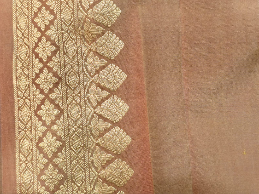 Mud Brown Borderless Kanjivaram Pure  Silk Saree with Two Birds Zari Buttas and Rich Pallu | SILK MARK CERTIFIED | SHOBITAM