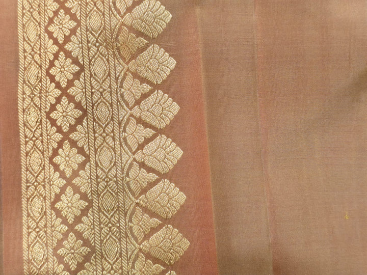 Mud Brown Borderless Kanjivaram Pure  Silk Saree with Two Birds Zari Buttas and Rich Pallu | SILK MARK CERTIFIED | SHOBITAM