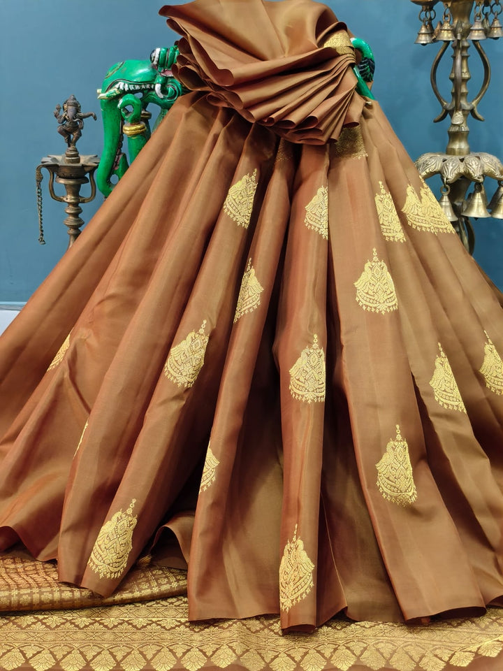 Mud Brown Borderless Kanjivaram Pure  Silk Saree with Two Birds Zari Buttas and Rich Pallu | SILK MARK CERTIFIED | SHOBITAM