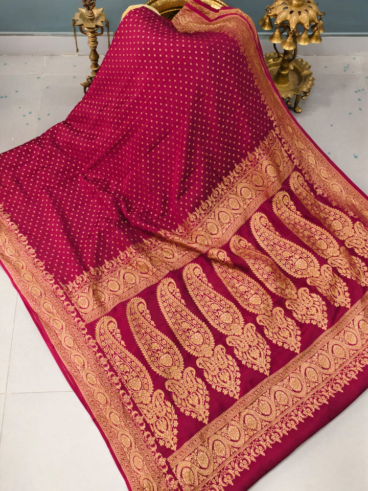 Magenta Banarasi Silk Georgette Saree with Antique Zari Chunri Buttis and Zari Border | SILK MARK CERTIFIED | SHOBITAM