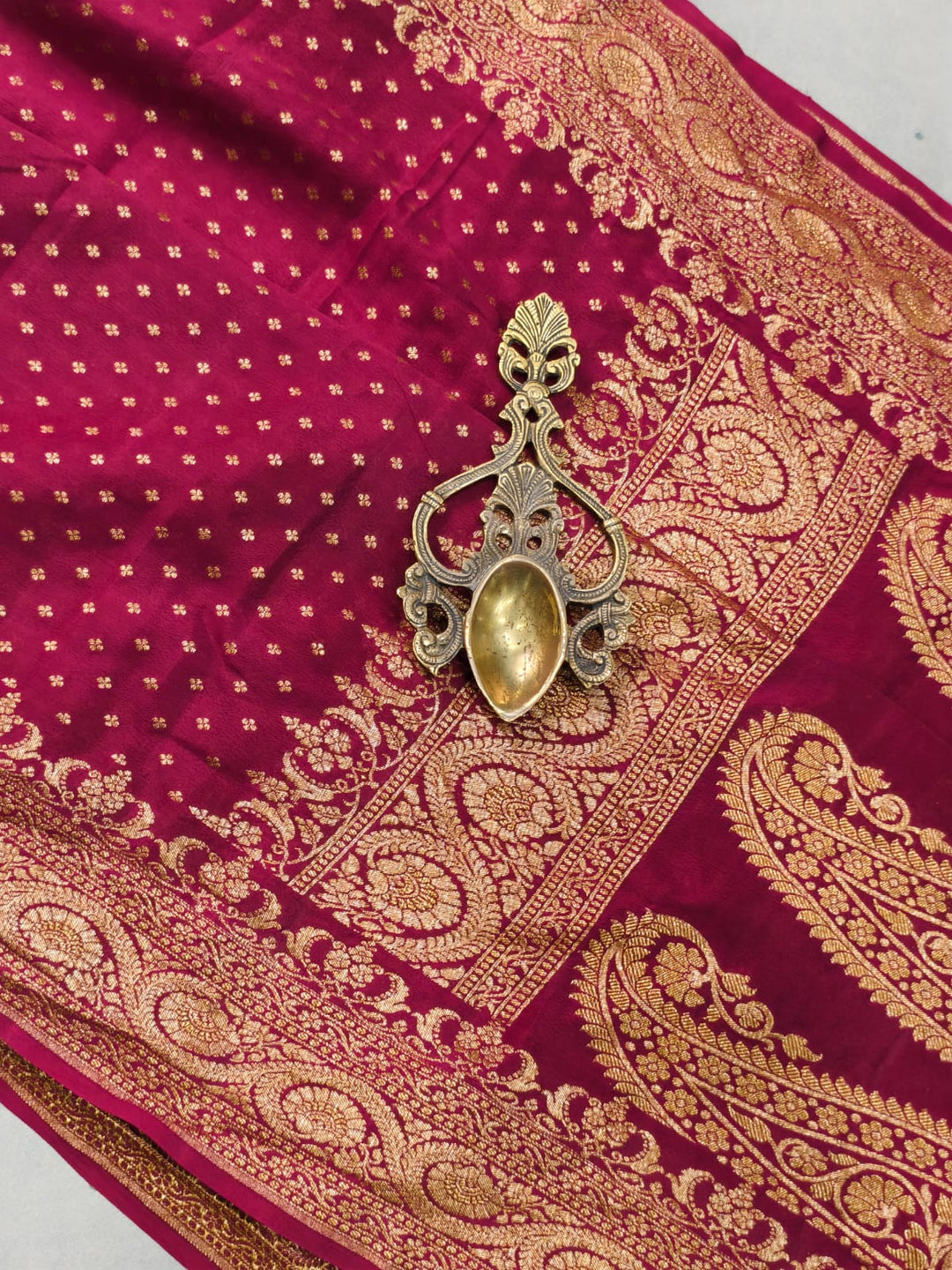 Magenta Banarasi Silk Georgette Saree with Antique Zari Chunri Buttis and Zari Border | SILK MARK CERTIFIED | SHOBITAM