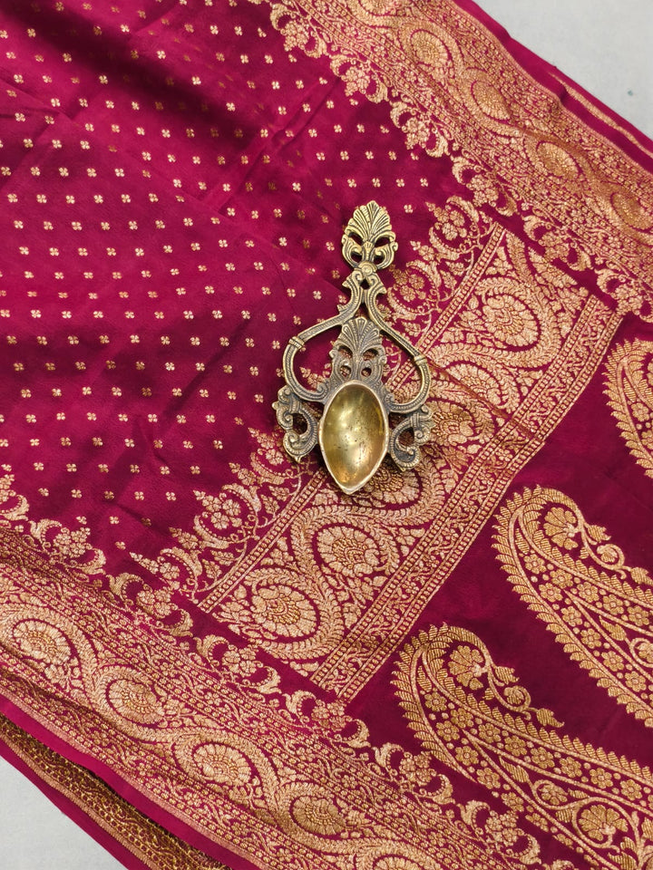 Magenta Banarasi Silk Georgette Saree with Antique Zari Chunri Buttis and Zari Border | SILK MARK CERTIFIED | SHOBITAM