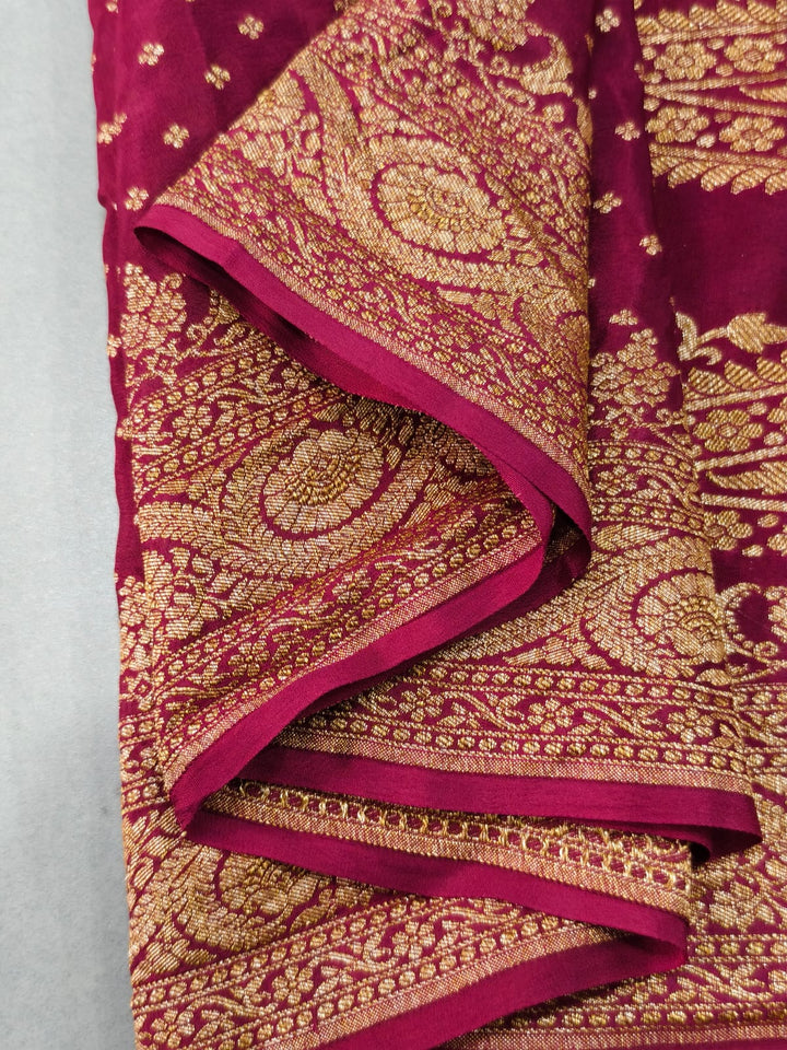 Magenta Banarasi Silk Georgette Saree with Antique Zari Chunri Buttis and Zari Border | SILK MARK CERTIFIED | SHOBITAM