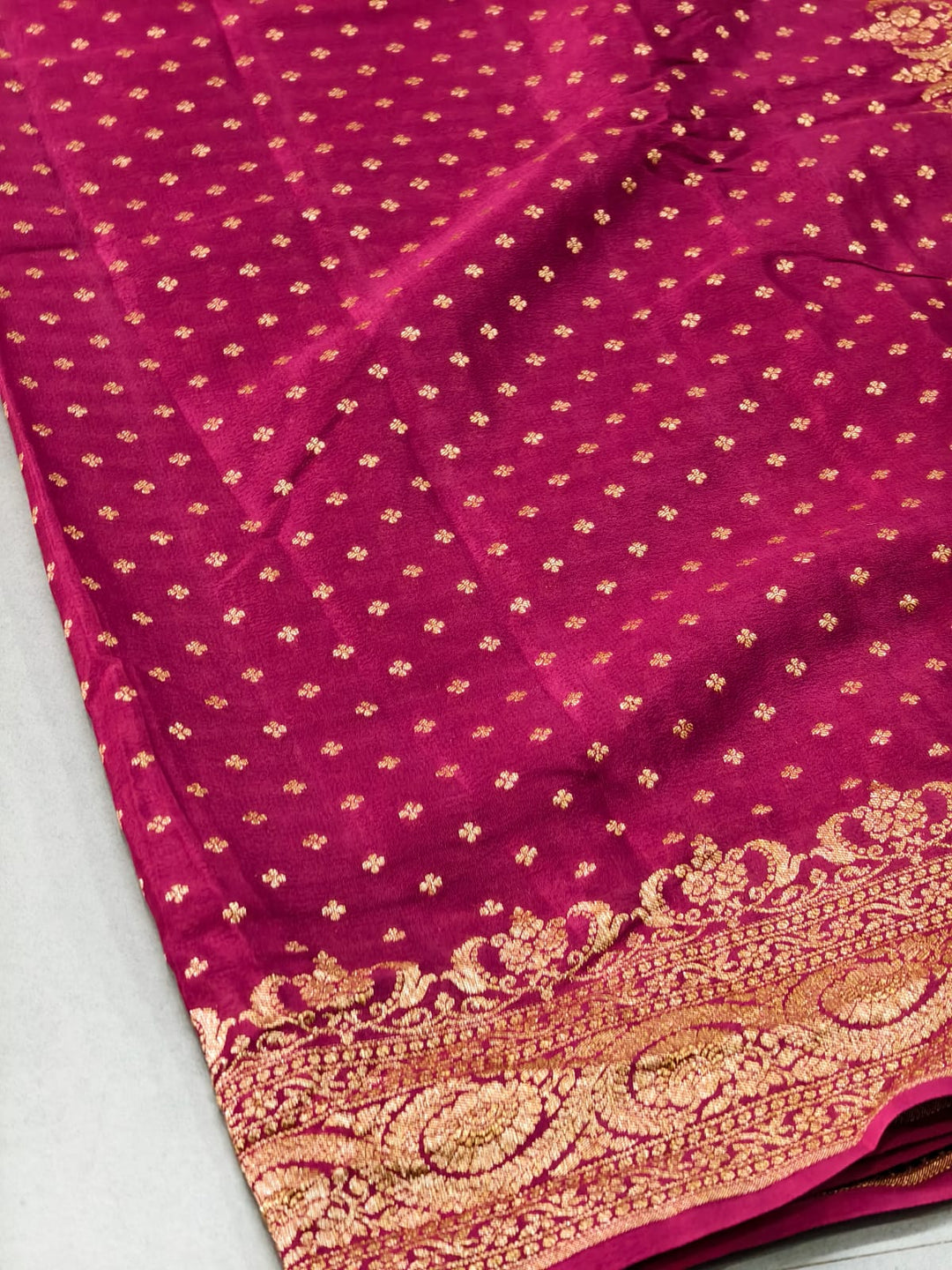 Magenta Banarasi Silk Georgette Saree with Antique Zari Chunri Buttis and Zari Border | SILK MARK CERTIFIED | SHOBITAM