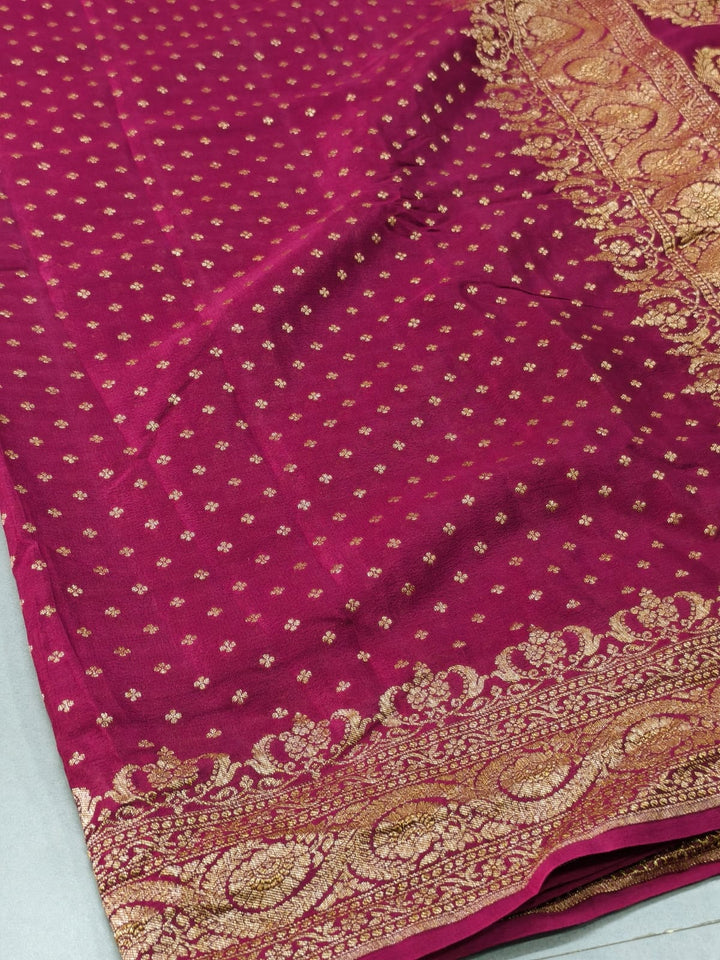 Magenta Banarasi Silk Georgette Saree with Antique Zari Chunri Buttis and Zari Border | SILK MARK CERTIFIED | SHOBITAM