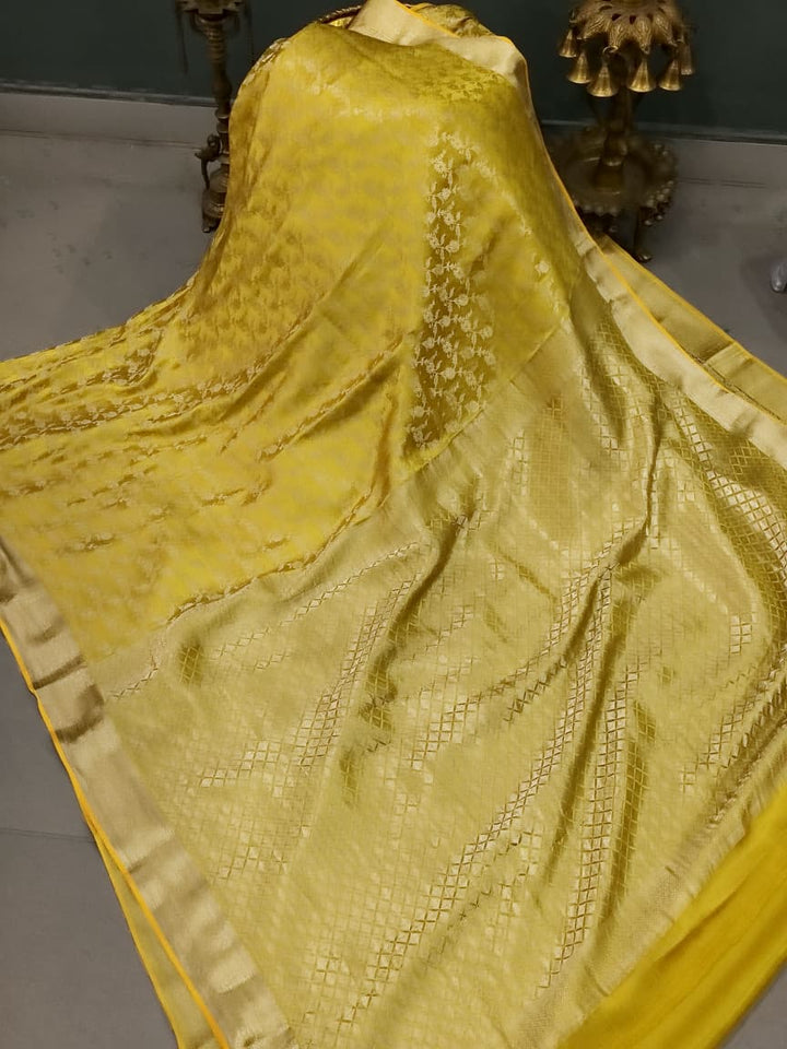 Lime Yellow Mysore Silk Saree with Muted Water Zari Jaal and Zari Border | SILK MARK CERTIFIED | SHOBITAM