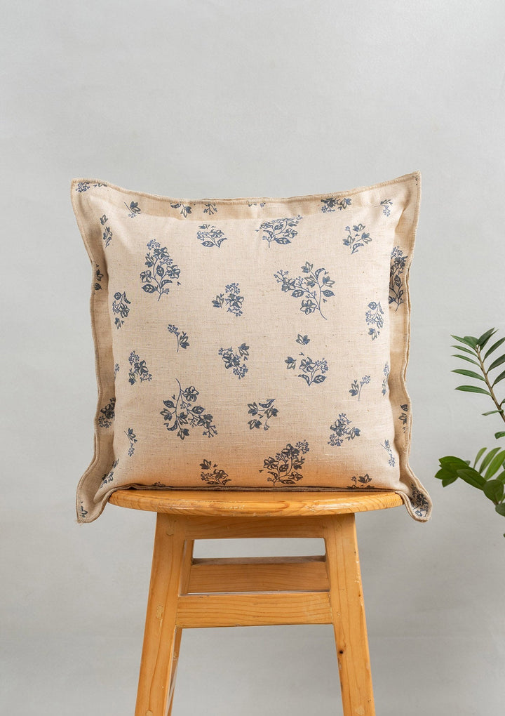 Whisper Blue Printed Linen Cushion Cover for Sofa with Flower Motif 16" x 16" | SHOBITAM