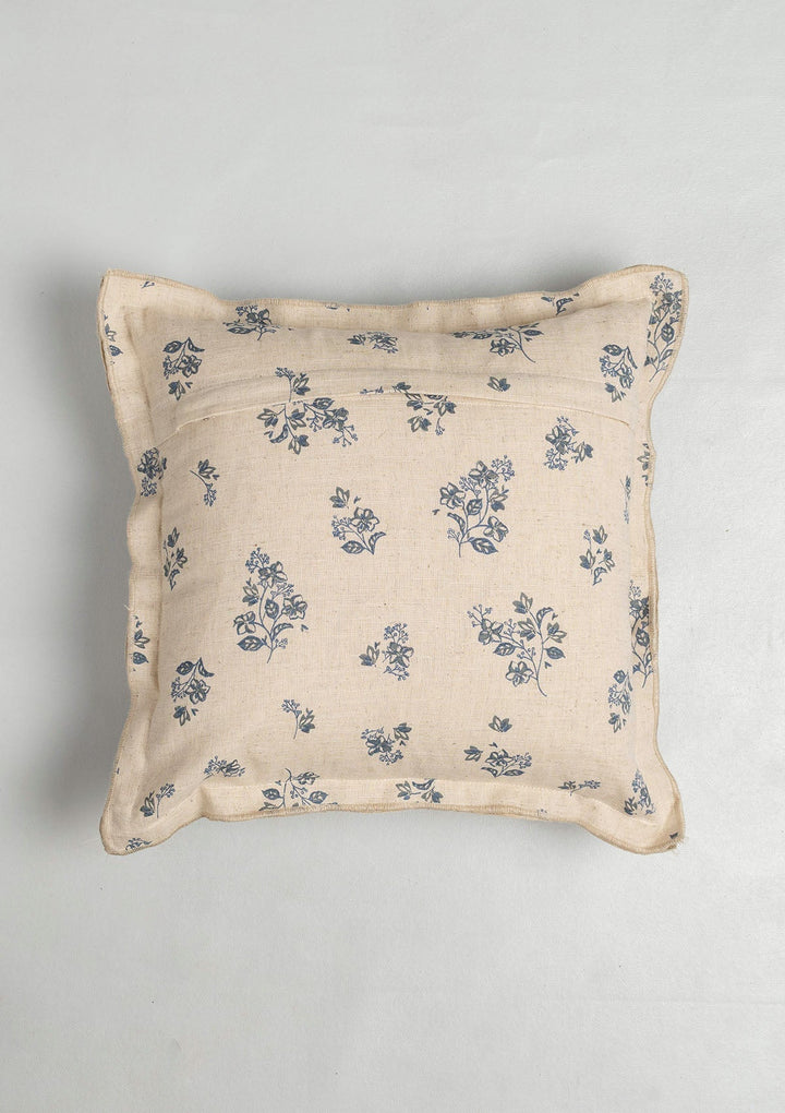 Whisper Blue Printed Linen Cushion Cover for Sofa with Flower Motif 16" x 16" | SHOBITAM