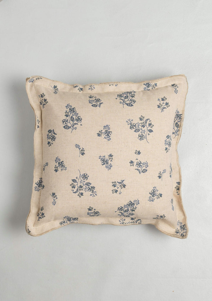 Whisper Blue Printed Linen Cushion Cover for Sofa with Flower Motif 16" x 16" | SHOBITAM