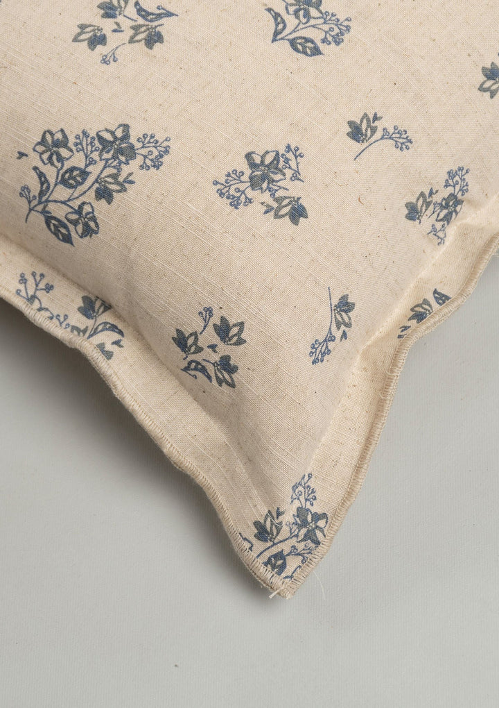 Whisper Blue Printed Linen Cushion Cover for Sofa with Flower Motif 16" x 16" | SHOBITAM