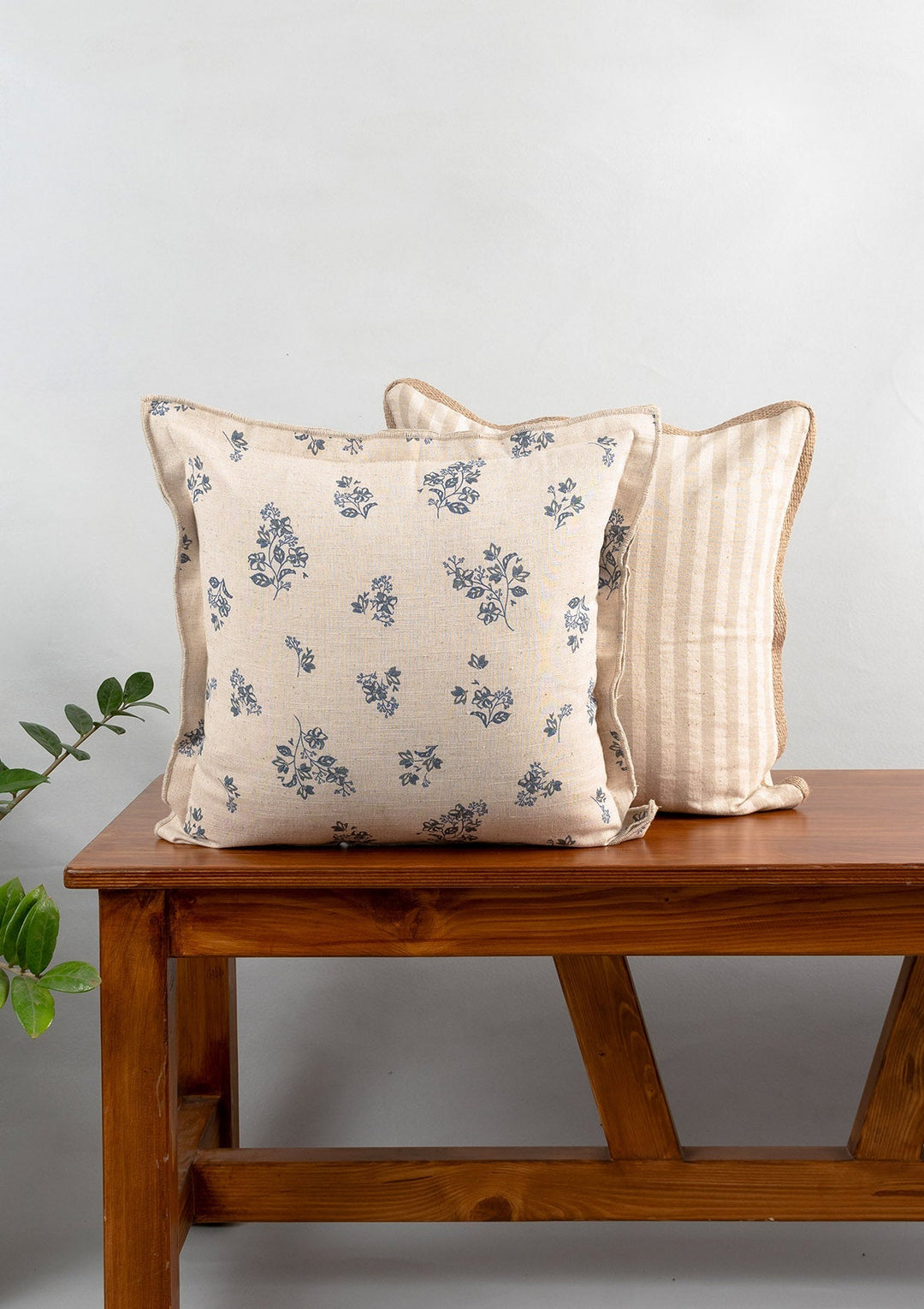 Whisper Blue Printed Linen Cushion Cover for Sofa with Flower Motif 16" x 16" | SHOBITAM