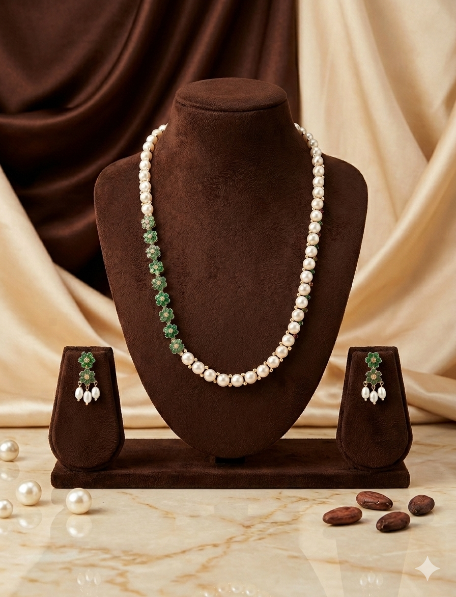 White Freshwater Pearl Side Brooch Necklace Set | SHOBITAM
