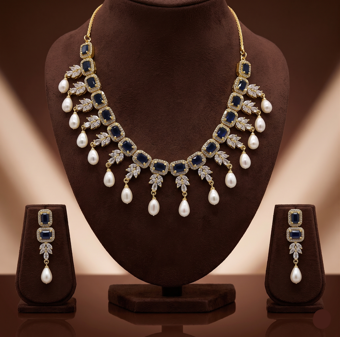 White & Blue CZ Necklace Set | SHOBITAM