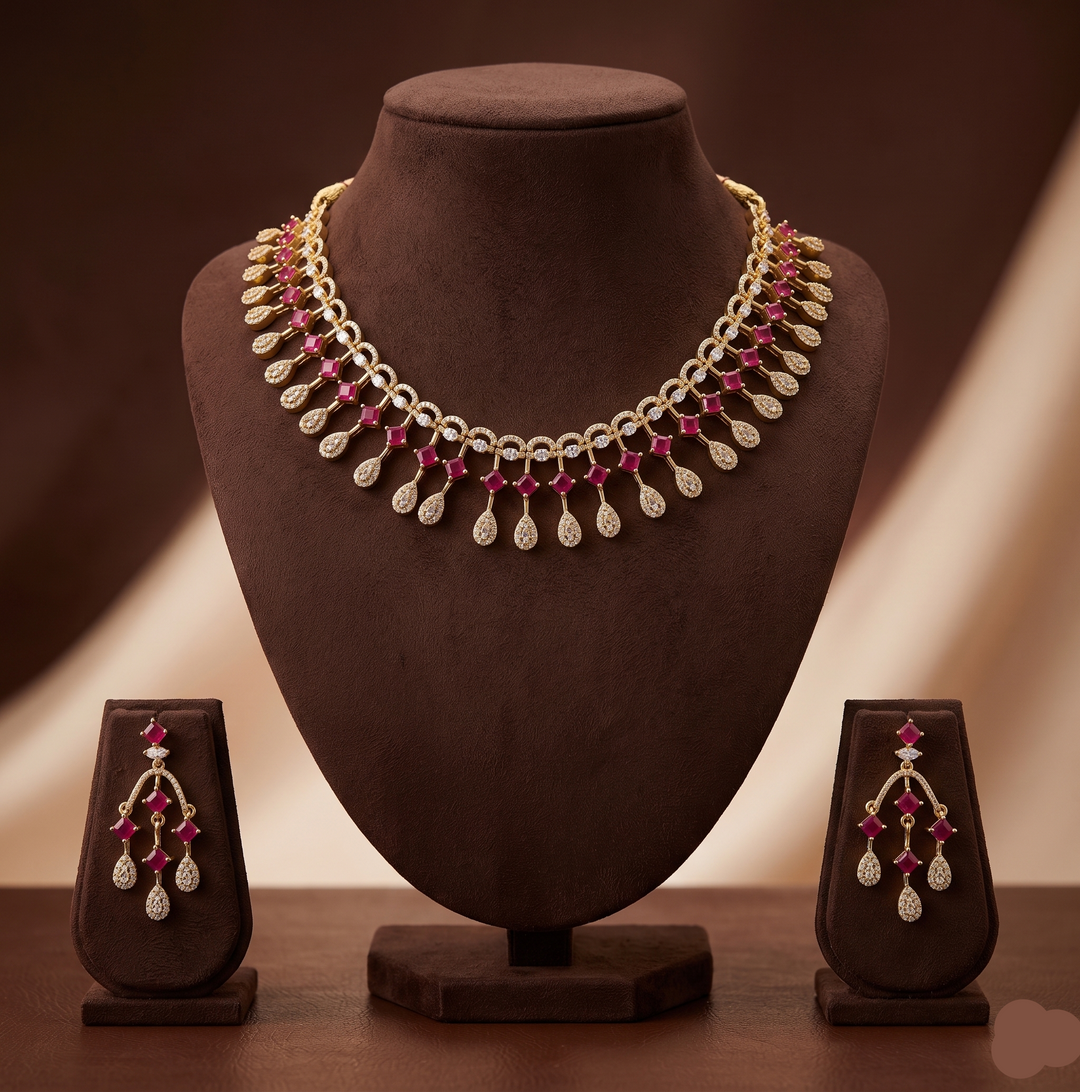 White & Pink American Diamond Necklace Set | SHOBITAM
