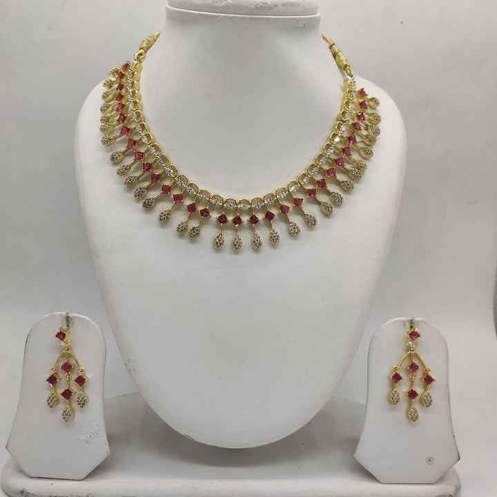 White & Pink American Diamond Necklace Set | SHOBITAM