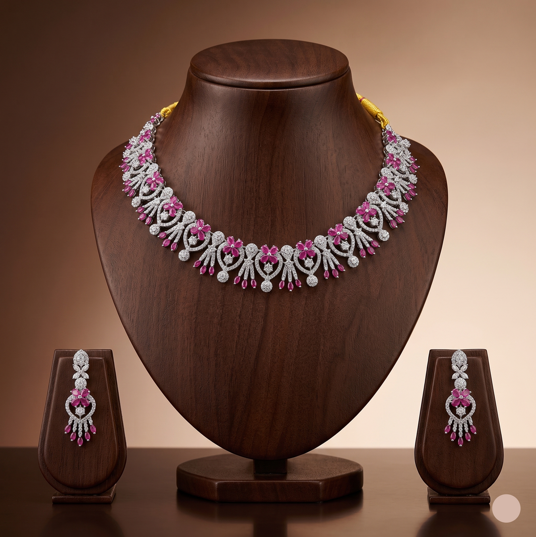 White & Red American Diamond Necklace Set | SHOBITAM