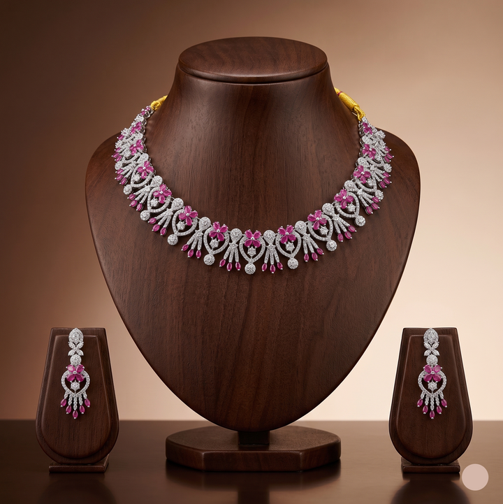 White & Red American Diamond Necklace Set | SHOBITAM