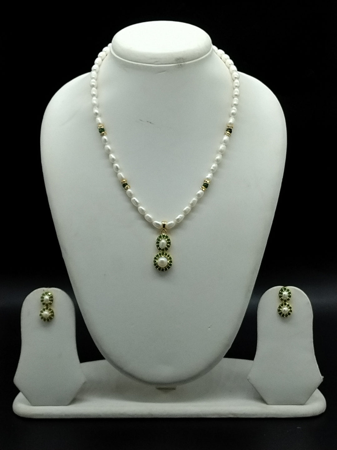 White Freshwater Pearl Pendant Set with Green Stones | SHOBITAM