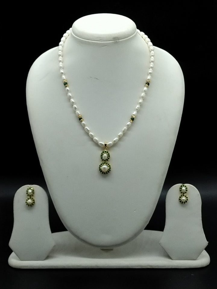 White Freshwater Pearl Pendant Set with Green Stones | SHOBITAM