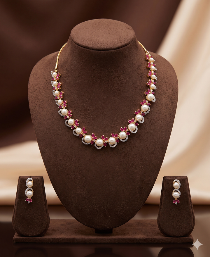 White Pearl Necklace Set - Red Stone Floral Designer Jewellery | SHOBITAM