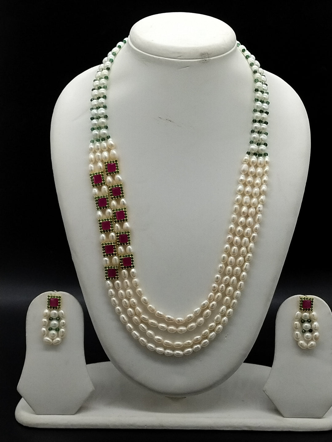 White Freshwater Pearl Side Brooch Necklace Set with Red Stones | SHOBITAM