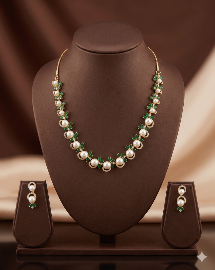 White Pearl Necklace Set – Green Stone Designer Jewellery | SHOBITAM