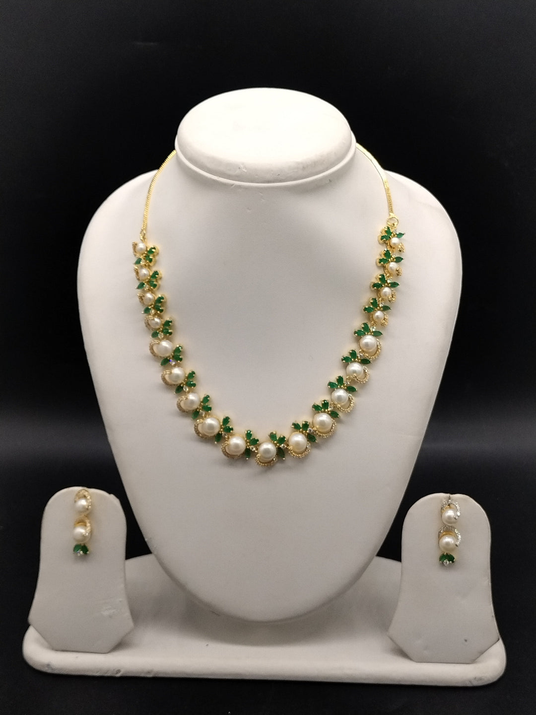 White Pearl Necklace Set – Green Stone Designer Jewellery | SHOBITAM