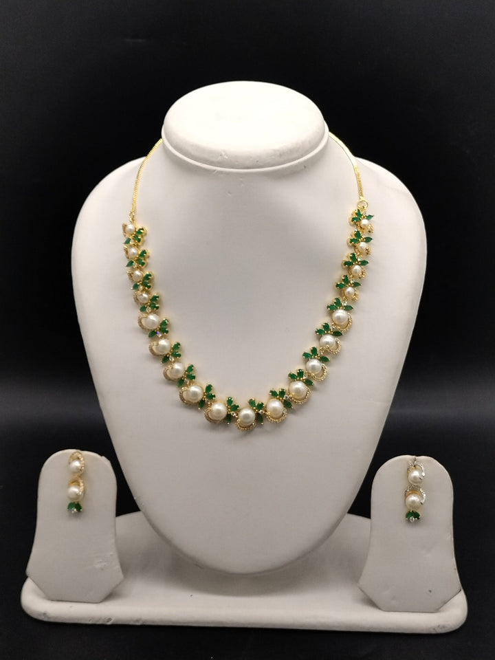 White Pearl Necklace Set – Green Stone Designer Jewellery | SHOBITAM