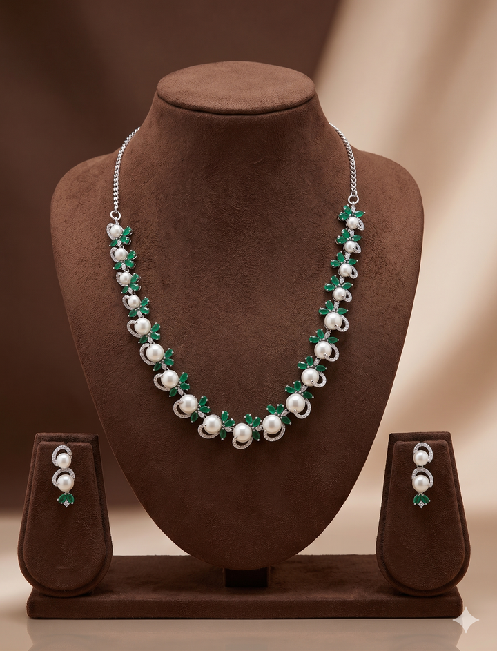 White Pearl Necklace Set – Elegant Green Stone CZ Jewellery | SHOBITAM