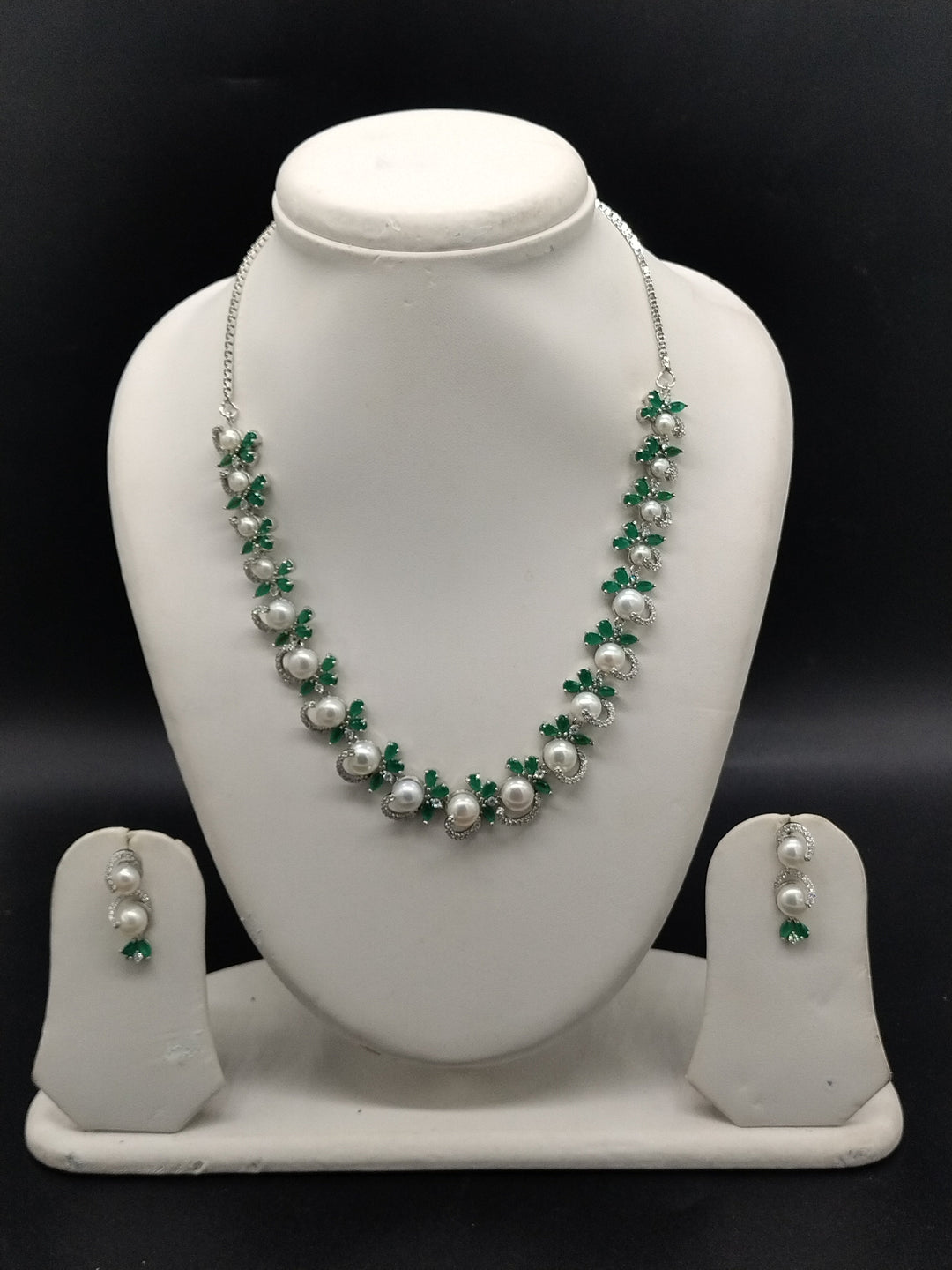 White Pearl Necklace Set – Elegant Green Stone CZ Jewellery | SHOBITAM