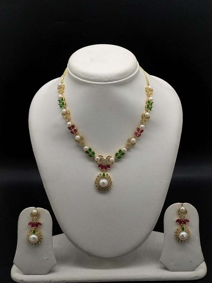 White Pearl Necklace Set– Red & Green Kundan Style Jewellery | SHOBITAM