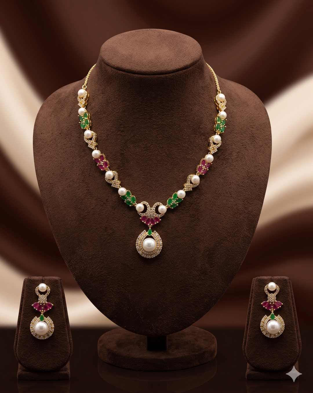 White Pearl Necklace Set– Red & Green Kundan Style Jewellery | SHOBITAM