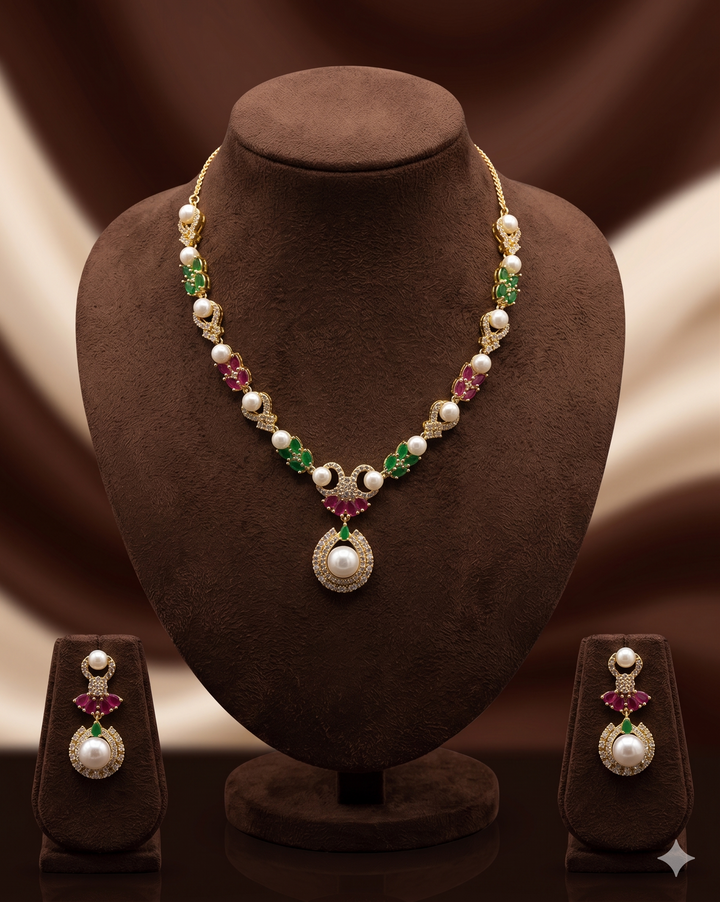 White Pearl Necklace Set– Red & Green Kundan Style Jewellery | SHOBITAM