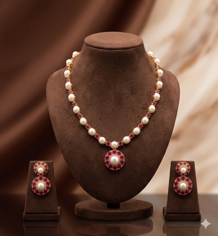 White Pearl Necklace Set– Red Stone Floral Jewellery | SHOBITAM