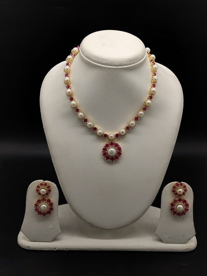 White Pearl Necklace Set– Red Stone Floral Jewellery | SHOBITAM